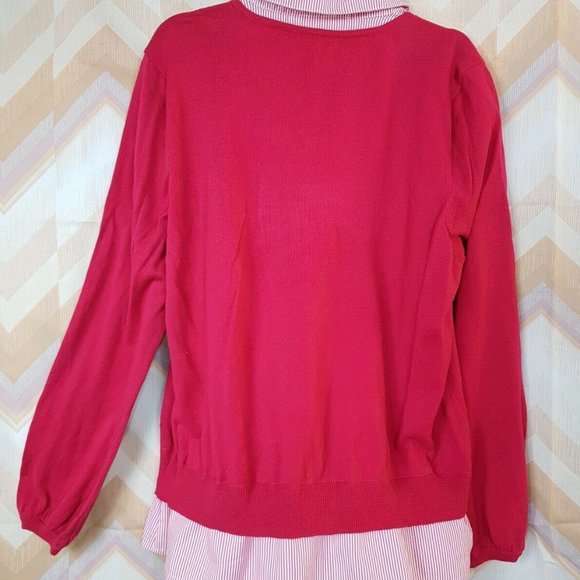 Magenta pink sweater with built-in striped shirt - Picture 3 of 3